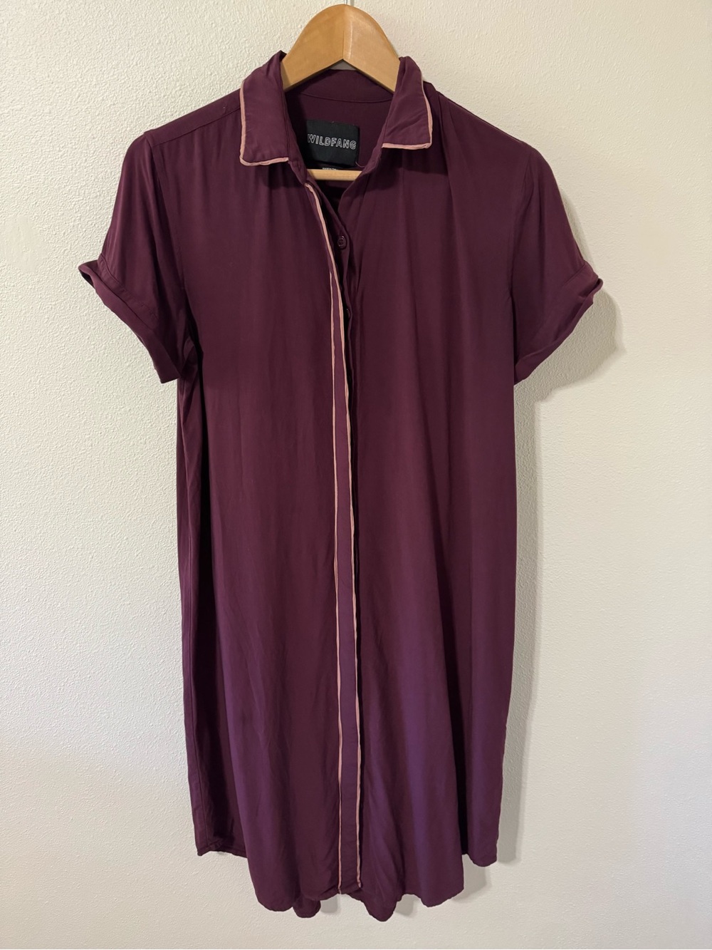 Wildfang The Empower Piped Short Sleeve Shirt Dress Burgundy Button Front-XS